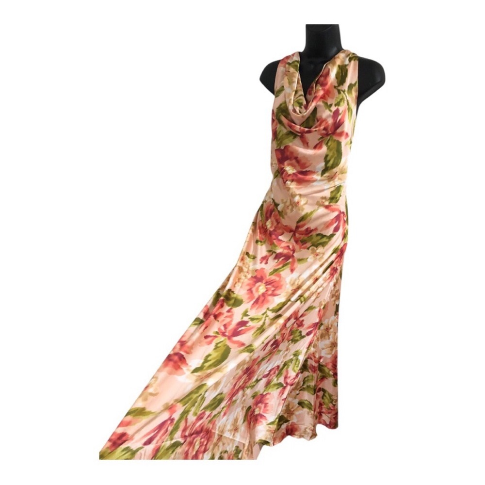 Orange green floral multi cowlneck satin effect fit & flare maxi dress size XS